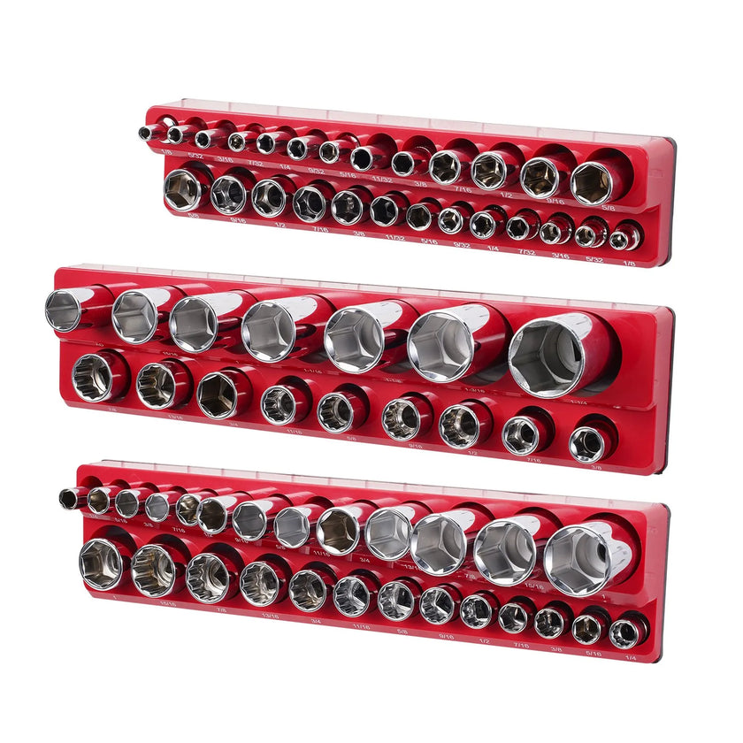 VEVOR Magnetic Socket Organizer Set 3PCS Magnetic Socket Trays Red for SAE