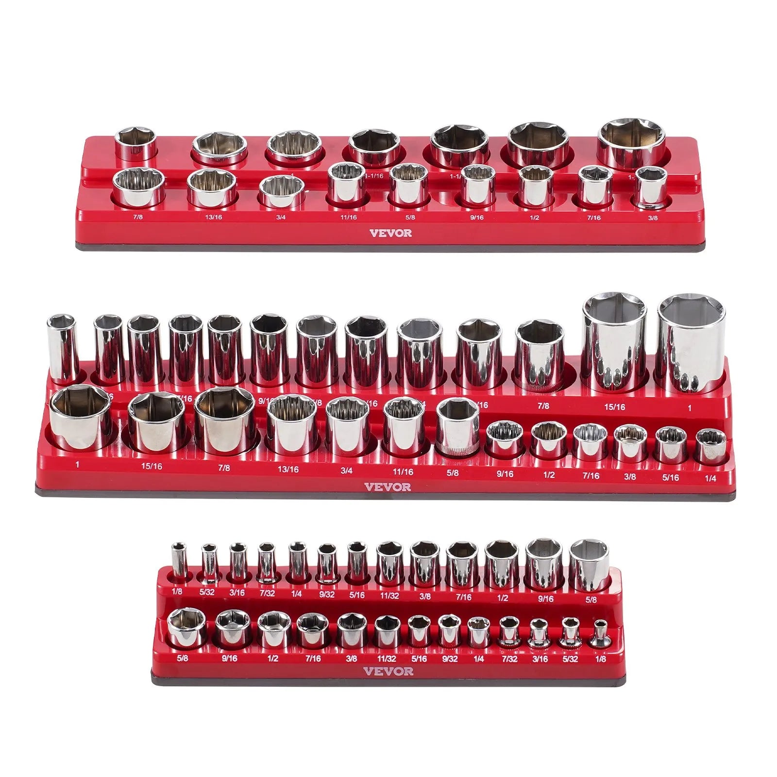 VEVOR Magnetic Socket Organizer Set 3PCS Magnetic Socket Trays Red for SAE