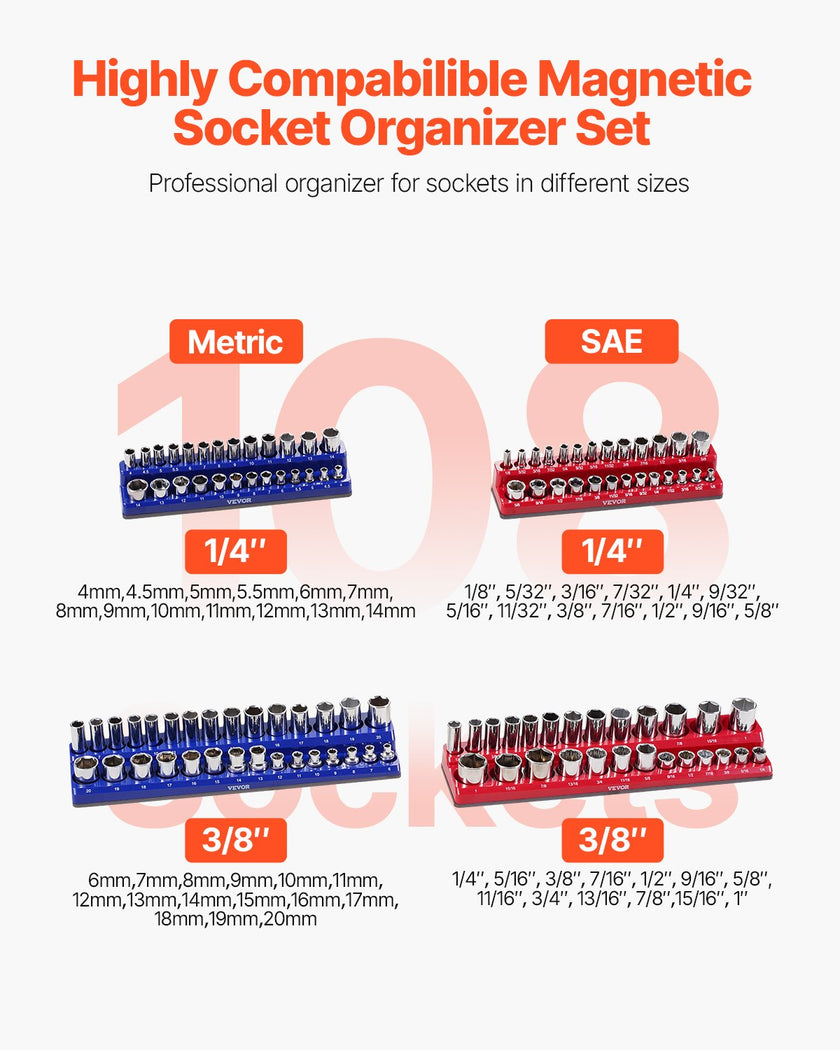 VEVOR Magnetic Socket Organizer Set 4PCS Socket Trays Blue & Red for Metric SAE