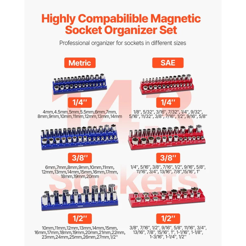 VEVOR Magnetic Socket Organizer Set 6PCS Socket Trays Blue & Red for Metric SAE