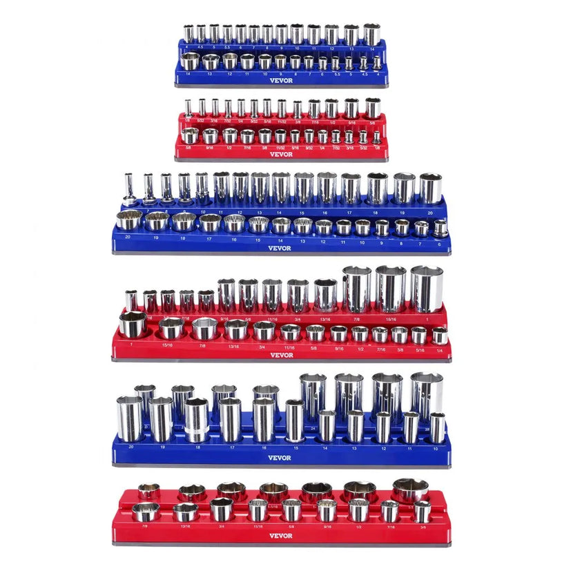VEVOR Magnetic Socket Organizer Set 6PCS Socket Trays Blue & Red for Metric SAE