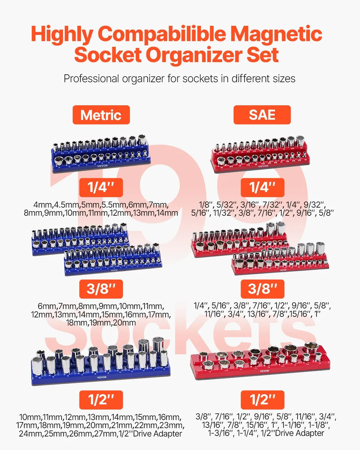 VEVOR Magnetic Socket Organizer Set 8PCS Socket Trays Blue & Red for Metric SAE