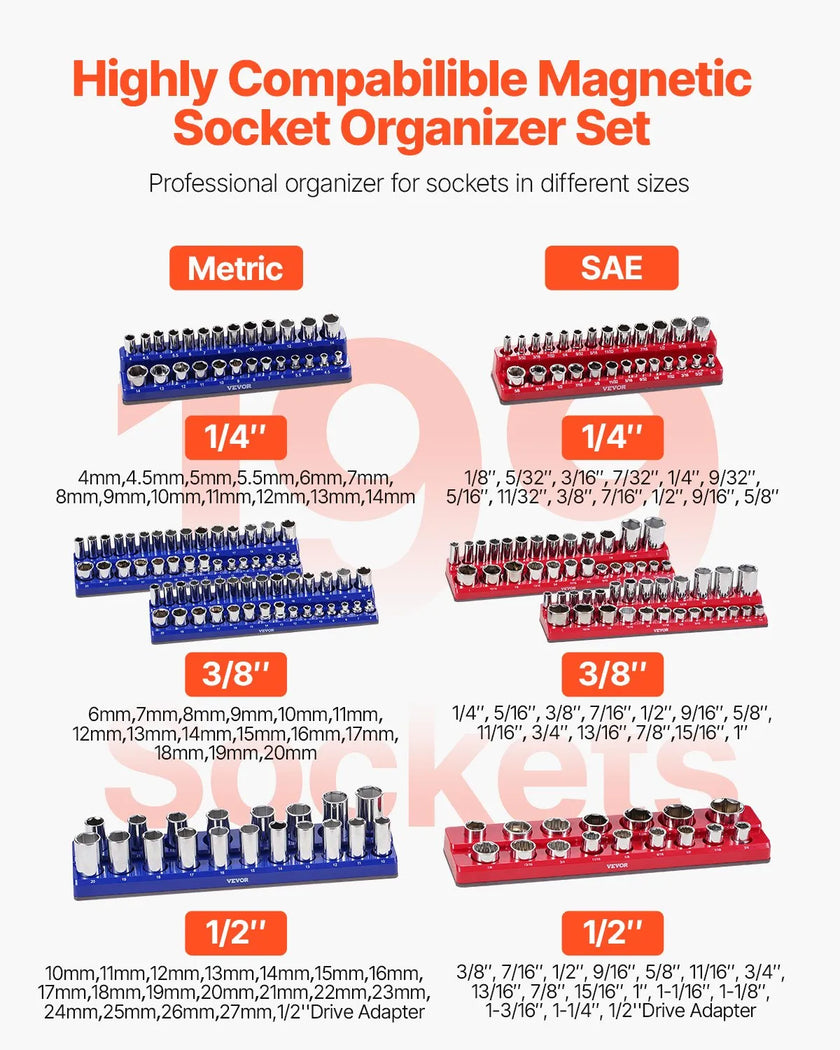 VEVOR Magnetic Socket Organizer Set 8PCS Socket Trays Blue & Red for Metric SAE