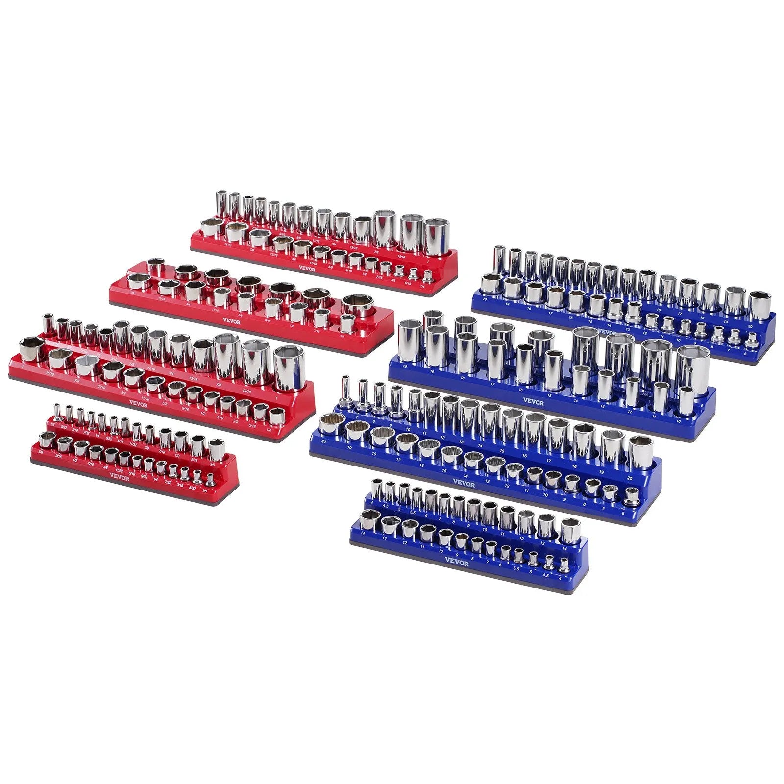 VEVOR Magnetic Socket Organizer Set 8PCS Socket Trays Blue & Red for Metric SAE