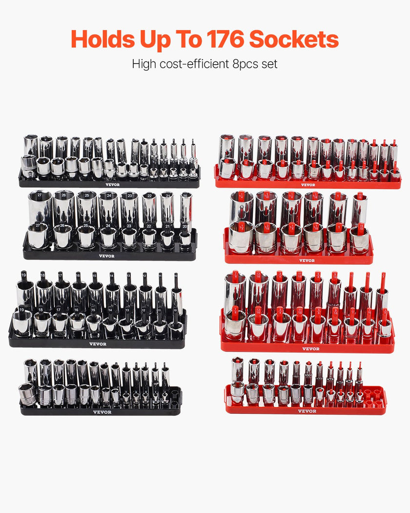 VEVOR Socket Organizer Set 8PCS High-Rod Socket Tray Black & Red for Metric SAE