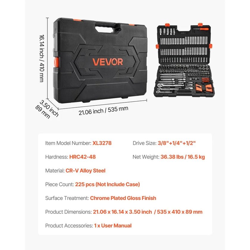 VEVOR 225-Piece Socket Set, 1/4