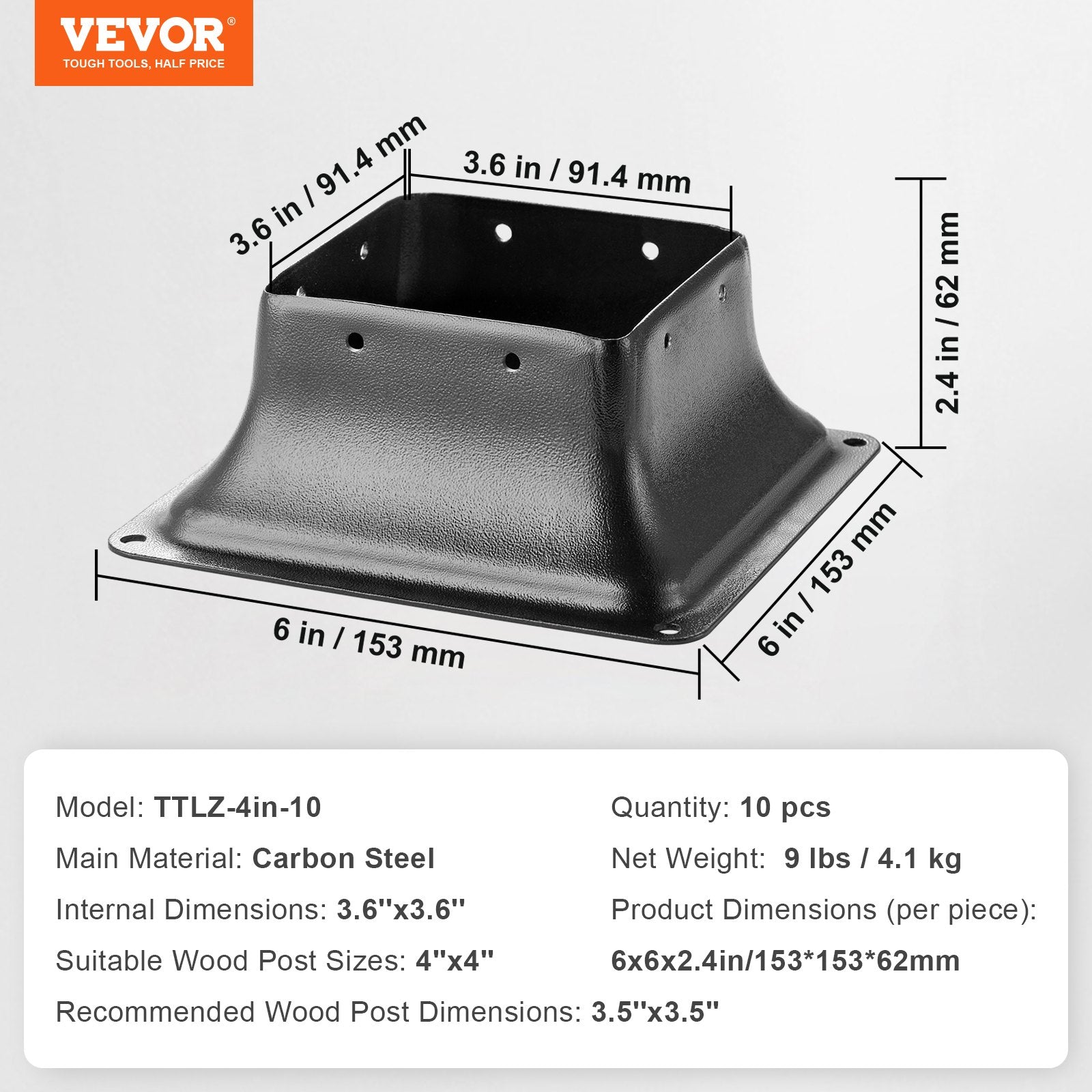 VEVOR 4x4 Post Base 10Pcs, Internal 3.6