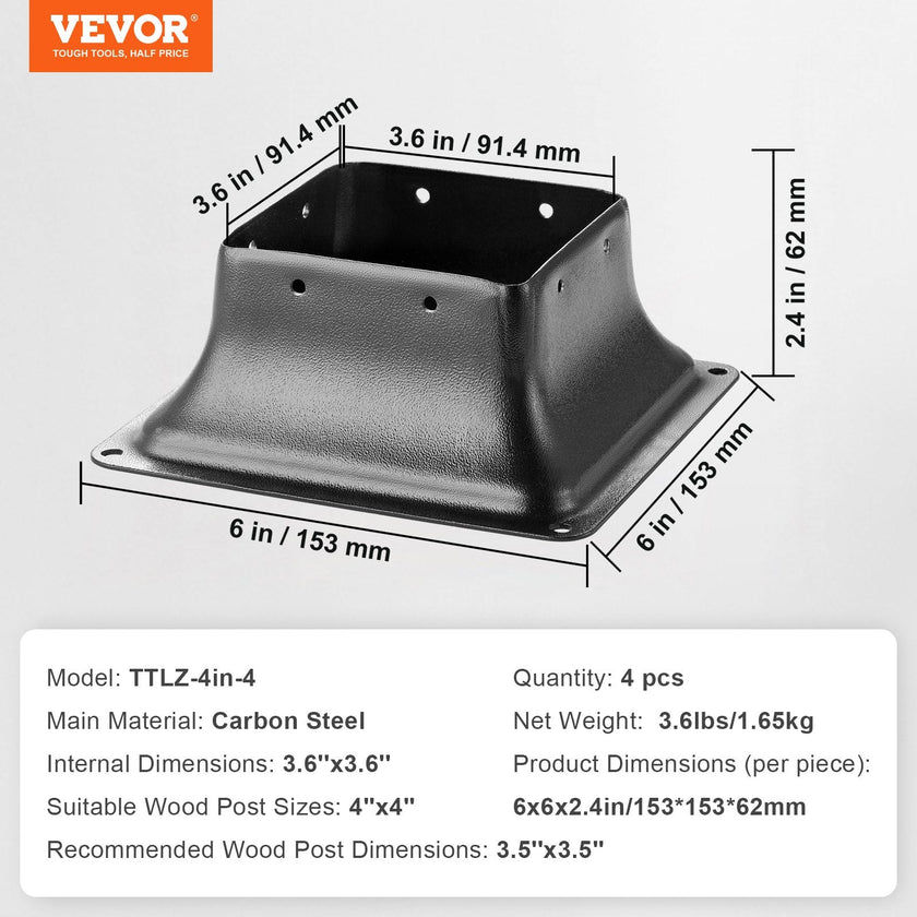 VEVOR 4x4 Post Base 4Pcs, Internal 3.6