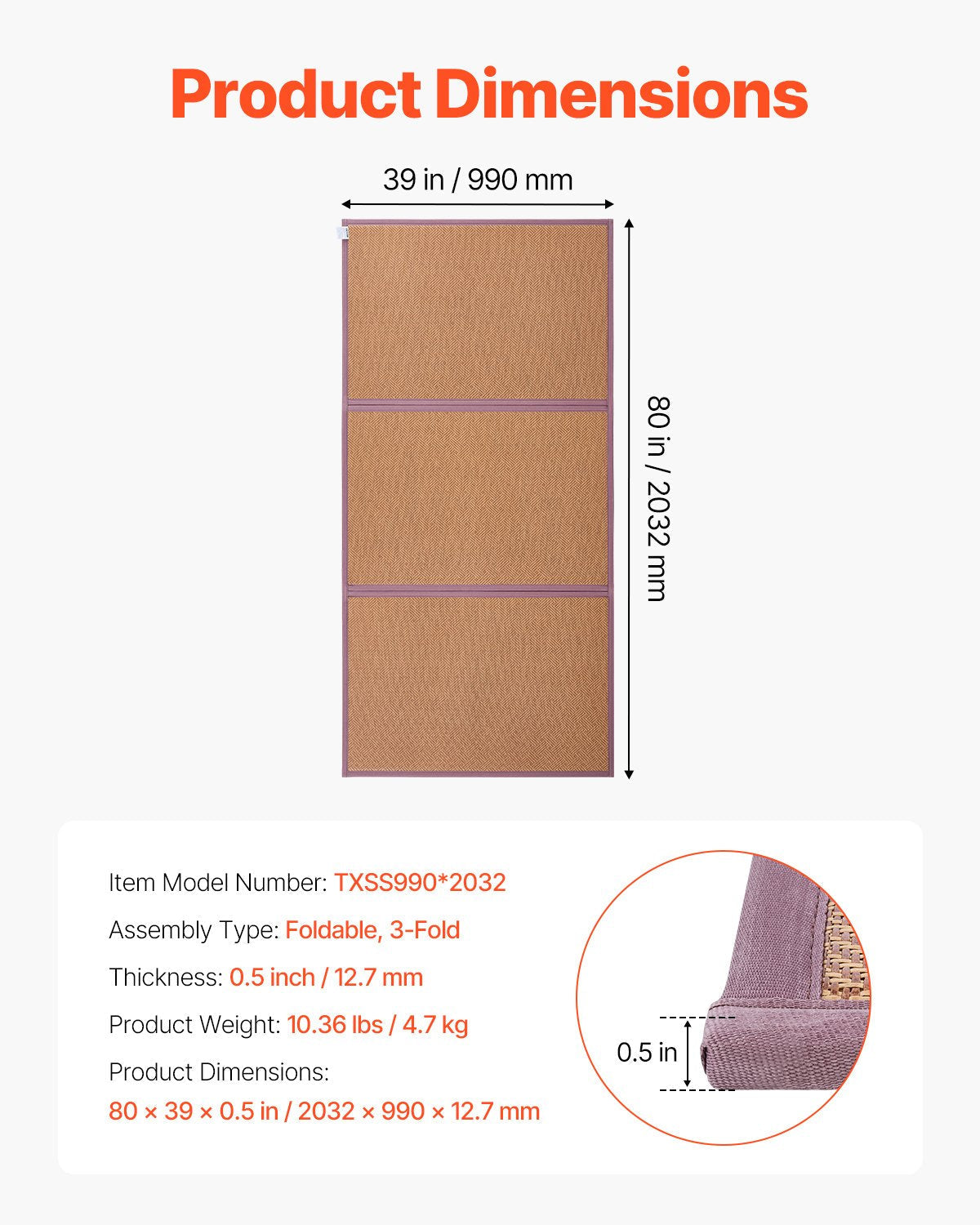 VEVOR Japanese Tatami Mat 80 x 39 in Foldable Natural Rattan Tatami Mattress