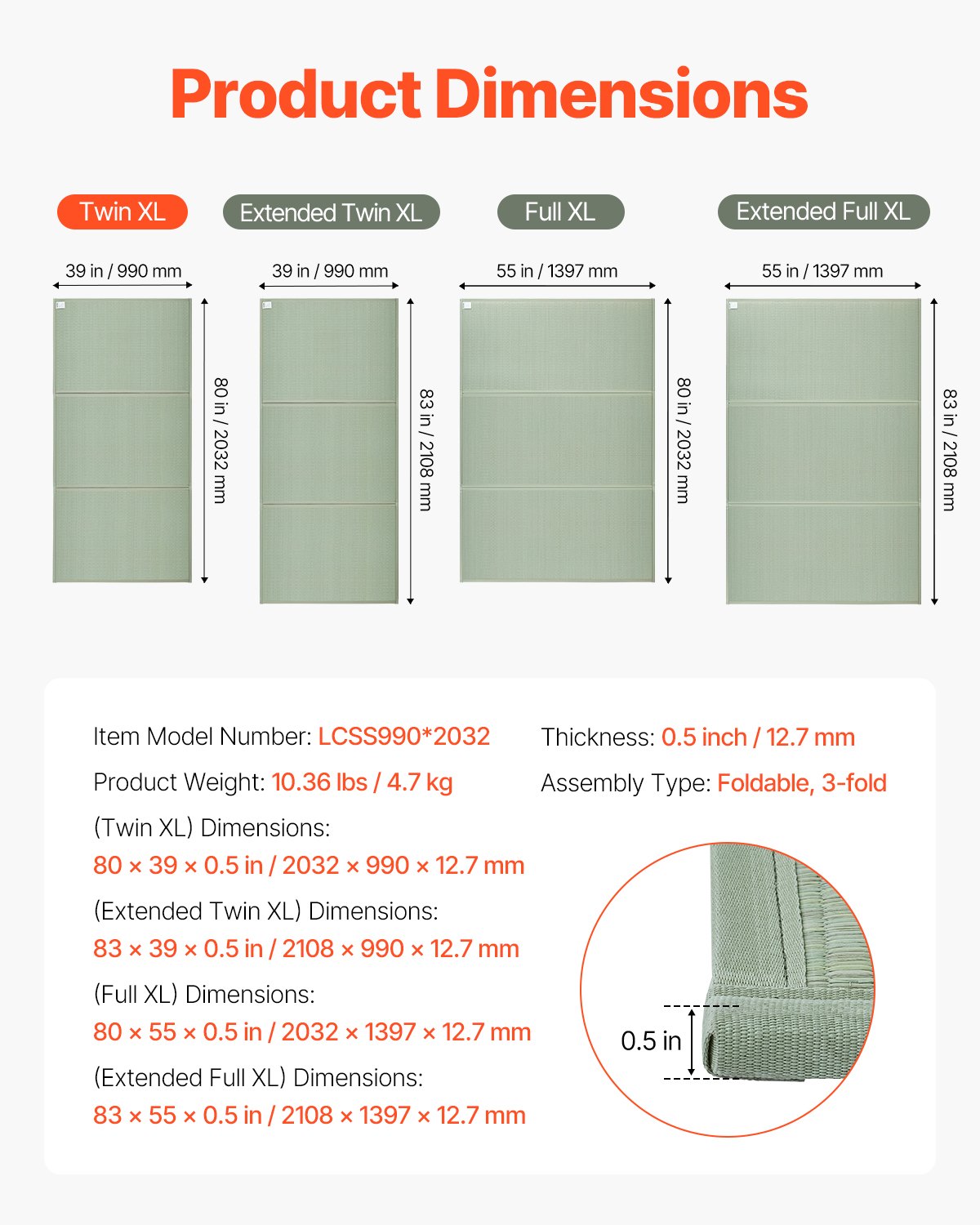VEVOR Japanese Tatami Mat Twin Foldable & Non-Slip Rush Grass Tatami Mattress