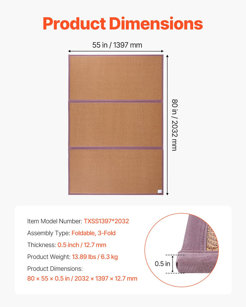 VEVOR Japanese Tatami Mat 80 x 55 in Foldable Natural Rattan Tatami Mattress