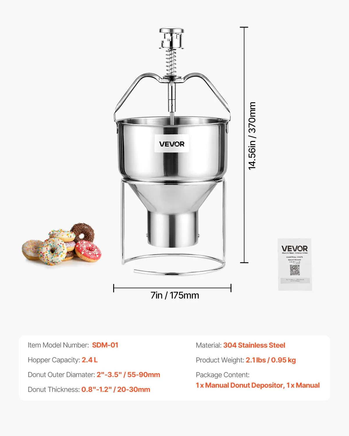 VEVOR Donut Depositor Manual Doughnut Dropper Hopper Stainless Steel Dispenser