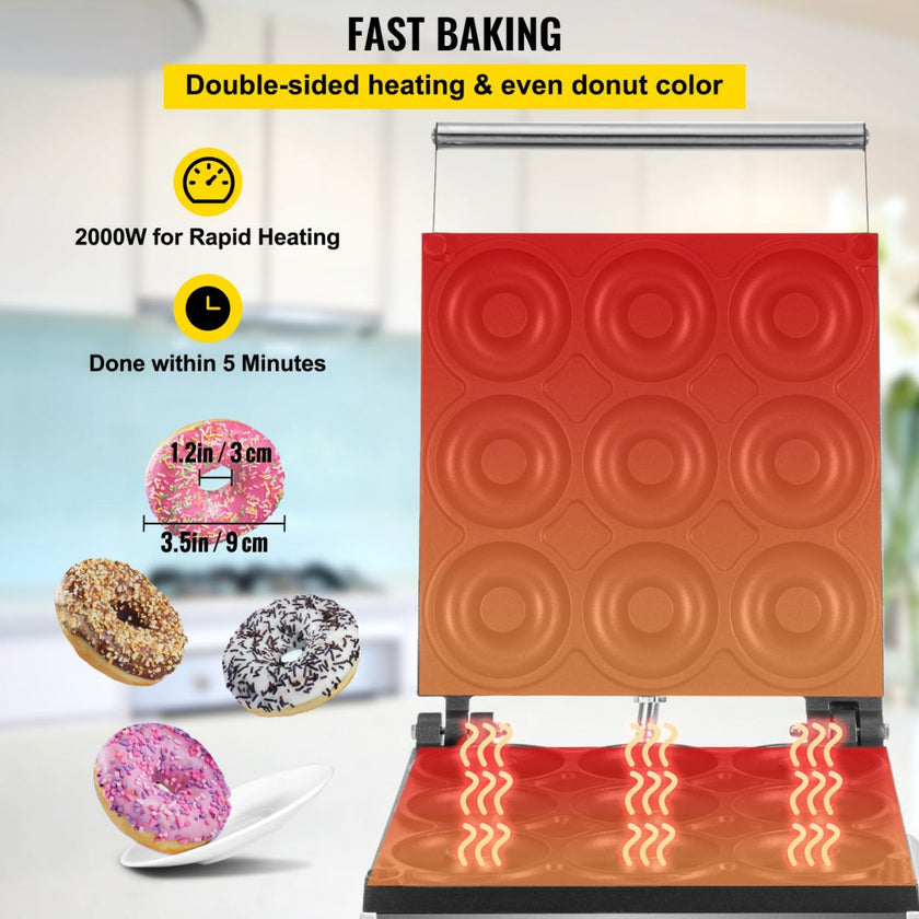 VEVOR Electric Donut Maker, 9 Holes Commercial Donut Machine, 2000W Electric Doughnut Machine, Double-Sided Heating Commercial Donut Maker, for Home & Commercial Use with Non-stick Teflon Coating