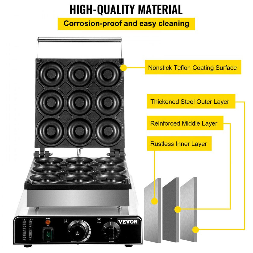 VEVOR Electric Donut Maker, 9 Holes Commercial Donut Machine, 2000W Electric Doughnut Machine, Double-Sided Heating Commercial Donut Maker, for Home & Commercial Use with Non-stick Teflon Coating