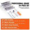 VEVOR Socket Set, 1/4 Inch Drive Socket and Ratchet Set, 6-Point Socket Opening, 54 Pieces Tool Set SAE and Metric, Deep and Standard Sockets, 5/32-9/16 in, 4-14 mm, with Accessories, Storage Case