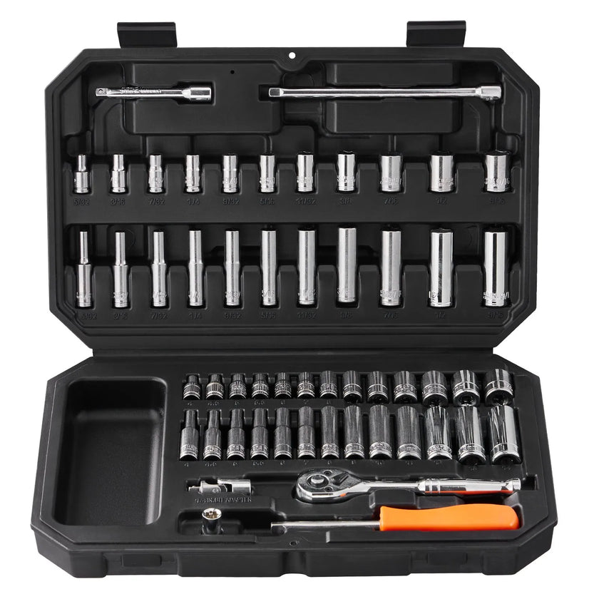 VEVOR Socket Set, 1/4 Inch Drive Socket and Ratchet Set, 6-Point Socket Opening, 54 Pieces Tool Set SAE and Metric, Deep and Standard Sockets, 5/32-9/16 in, 4-14 mm, with Accessories, Storage Case