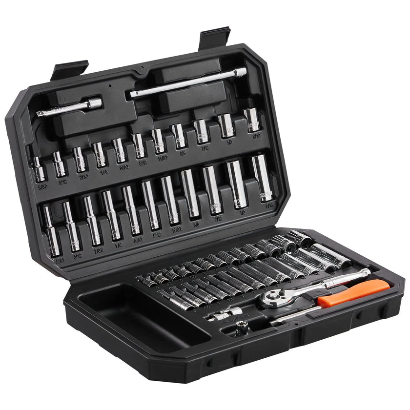 VEVOR Socket Set, 1/4 Inch Drive Socket and Ratchet Set, 6-Point Socket Opening, 54 Pieces Tool Set SAE and Metric, Deep and Standard Sockets, 5/32-9/16 in, 4-14 mm, with Accessories, Storage Case