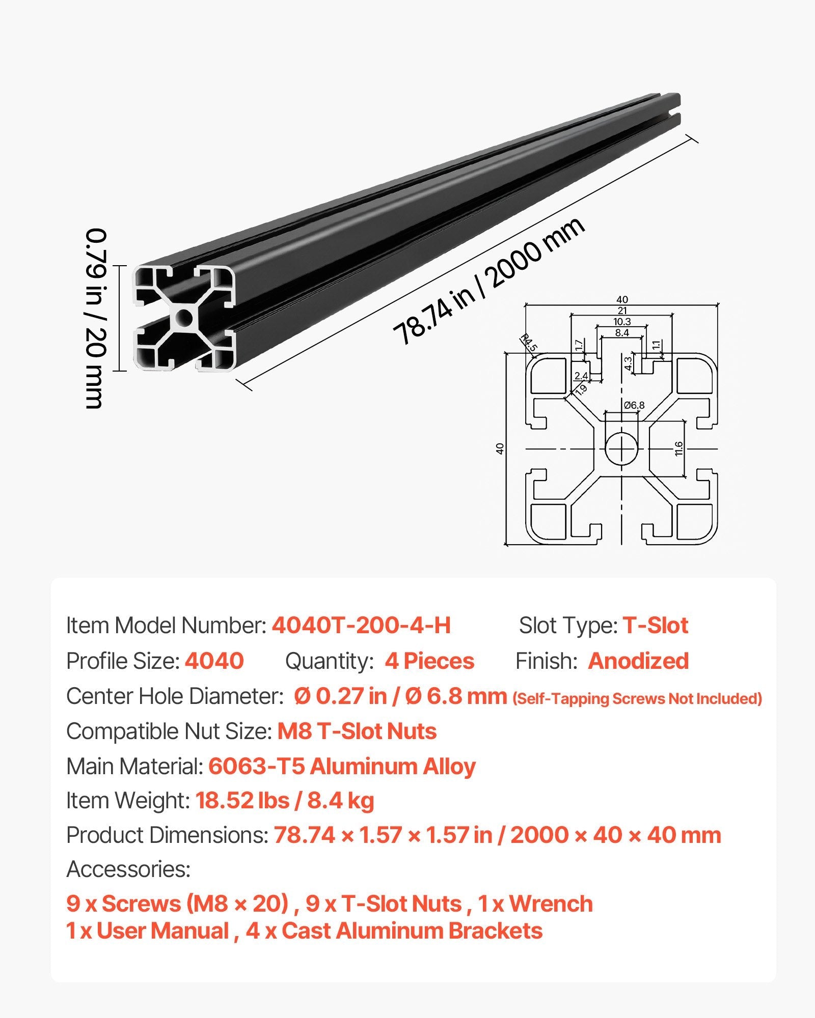 4PCS 4040 Aluminum Extrusion Profile 78.74