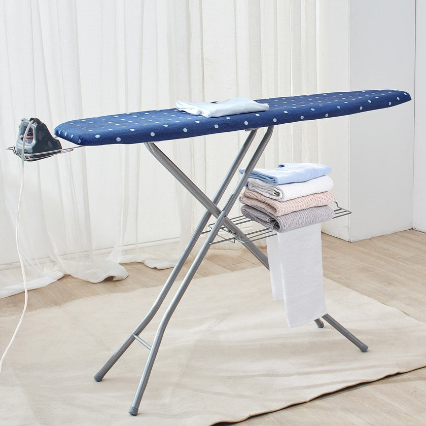 VEVOR Ironing Board with Bottom Storage Tray, Thickened 4 Layers Iron Board with Heat Resistant Cover and 100% Cotton Cover, 10 Adjustable Heights Ironing Board for Home Laundry Room Use (Size 55x15)