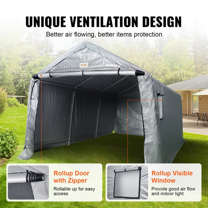 VEVOR Outdoor Portable Storage Shelter Shed, 10x15x8ft Heavy Duty  Instant Garage Tent Canopy Carport with Roll-up Zipper Door and Ventilated Windows For Cars, Motorcycle, Bike, Garden Tools