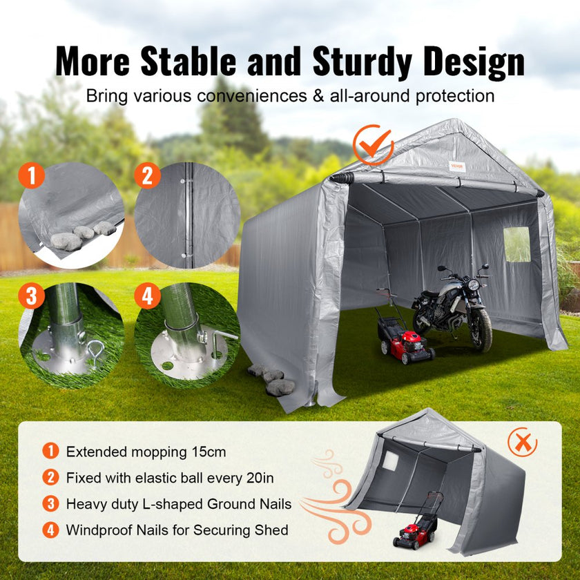 VEVOR Outdoor Portable Storage Shelter Shed, 10x15x8ft Heavy Duty  Instant Garage Tent Canopy Carport with Roll-up Zipper Door and Ventilated Windows For Cars, Motorcycle, Bike, Garden Tools