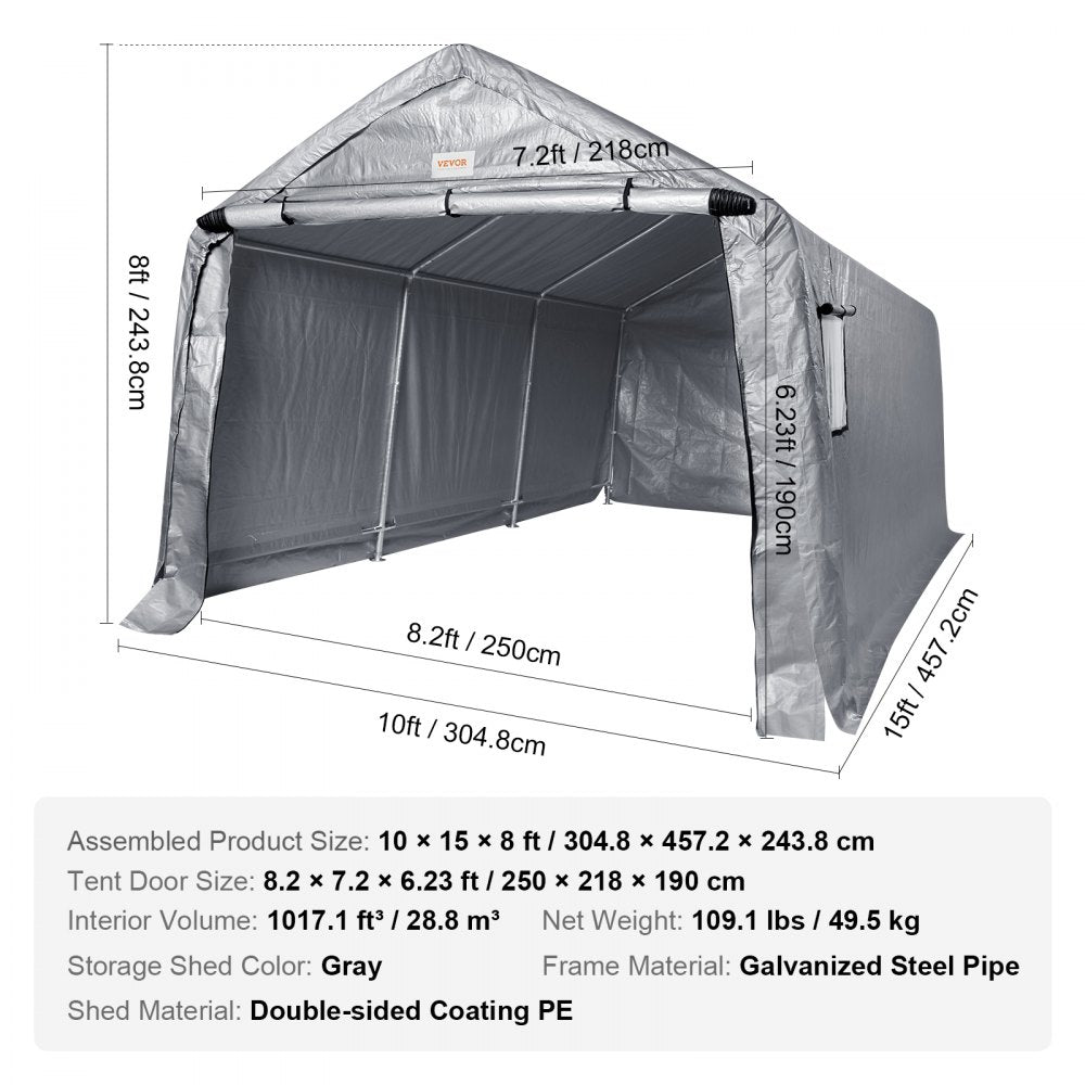 VEVOR Outdoor Portable Storage Shelter Shed, 10x15x8ft Heavy Duty  Instant Garage Tent Canopy Carport with Roll-up Zipper Door and Ventilated Windows For Cars, Motorcycle, Bike, Garden Tools