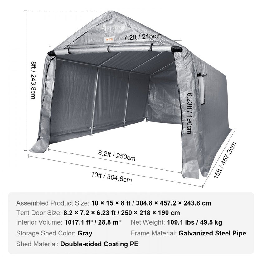 VEVOR Outdoor Portable Storage Shelter Shed, 10x15x8ft Heavy Duty  Instant Garage Tent Canopy Carport with Roll-up Zipper Door and Ventilated Windows For Cars, Motorcycle, Bike, Garden Tools