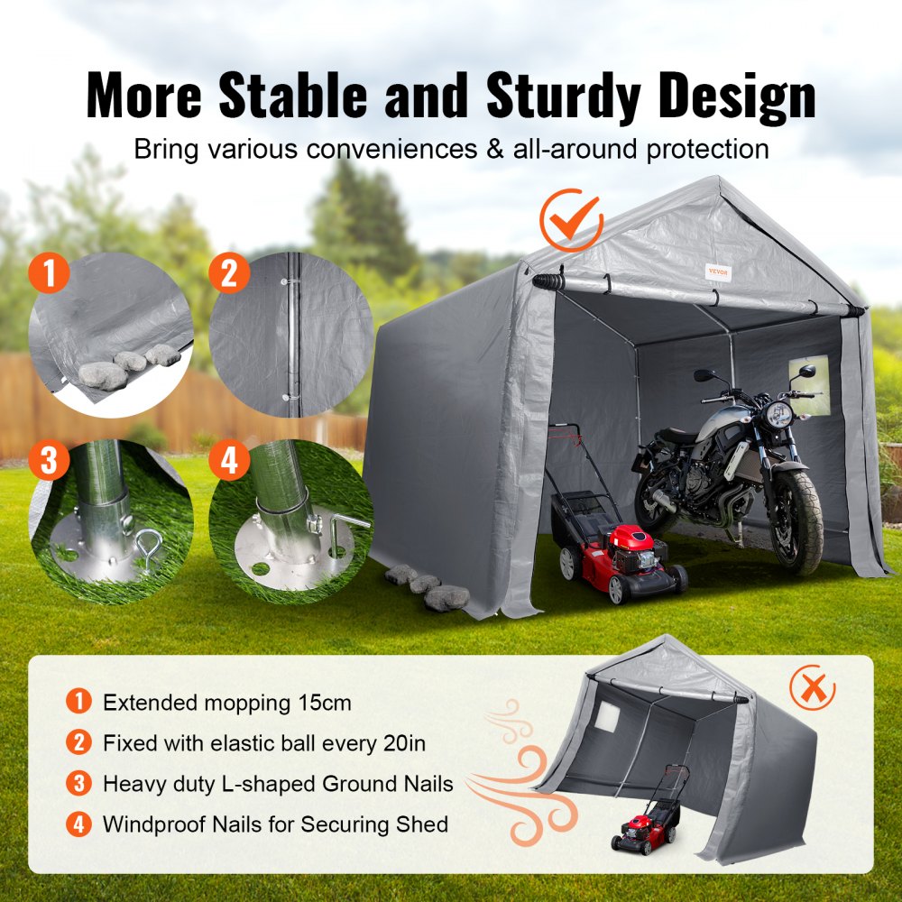 VEVOR Portable Shed Storage Shelter Outdoor, 7 x 12 x 7.36 ft Heavy Duty Instant Storage Tent Tarp Sheds with Roll-up Zipper Door and Ventilated Windows for Motorcycle, Bike, Garden Tools