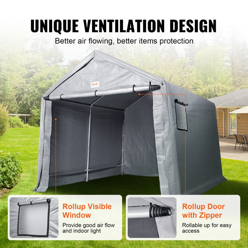 VEVOR Portable Outdoor Storage Shelter Shed, 8 x 14 x 7.6 ft Heavy Duty Instant Storage Tent Garage Sheds with Roll-up Zipper Door and Ventilated Windows for Motorcycle, Bike, Garden Tools