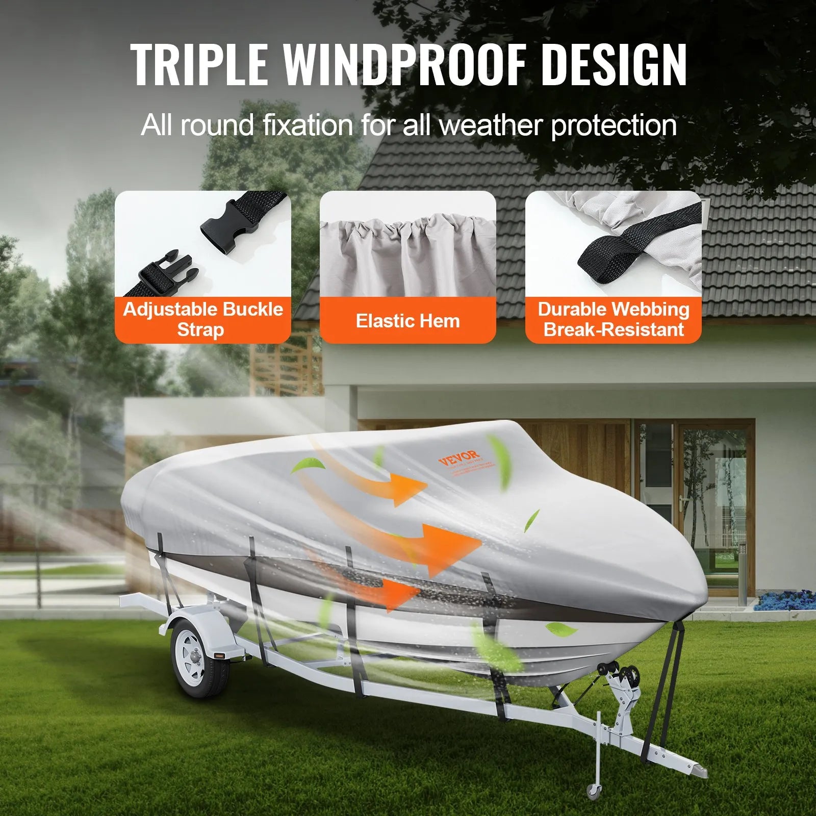 VEVOR Boat Cover, 17'-19' Trailerable Waterproof Boat Cover, 600D Marine Grade PU Oxford, with Motor Cover and Buckle Straps, for V-Hull, Tri-Hull, Fish Ski Boat, Runabout, Bass Boat, Grey
