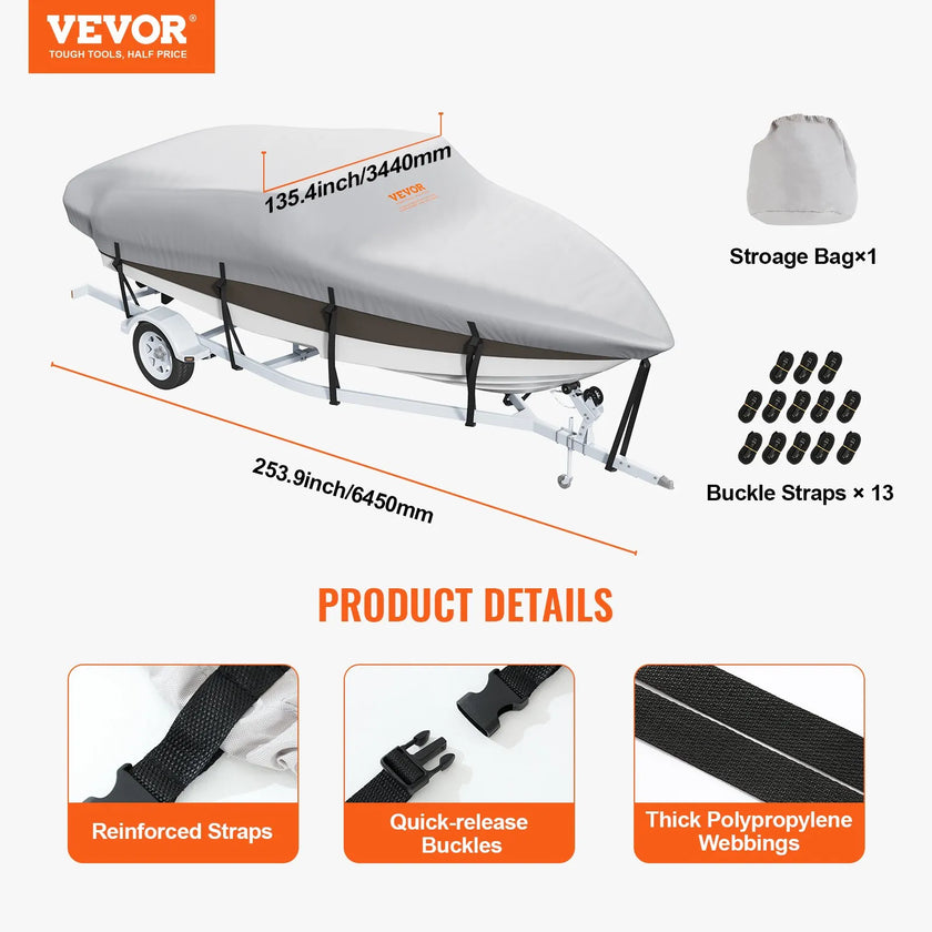 VEVOR Boat Cover, 17'-19' Trailerable Waterproof Boat Cover, 600D Marine Grade PU Oxford, with Motor Cover and Buckle Straps, for V-Hull, Tri-Hull, Fish Ski Boat, Runabout, Bass Boat, Grey