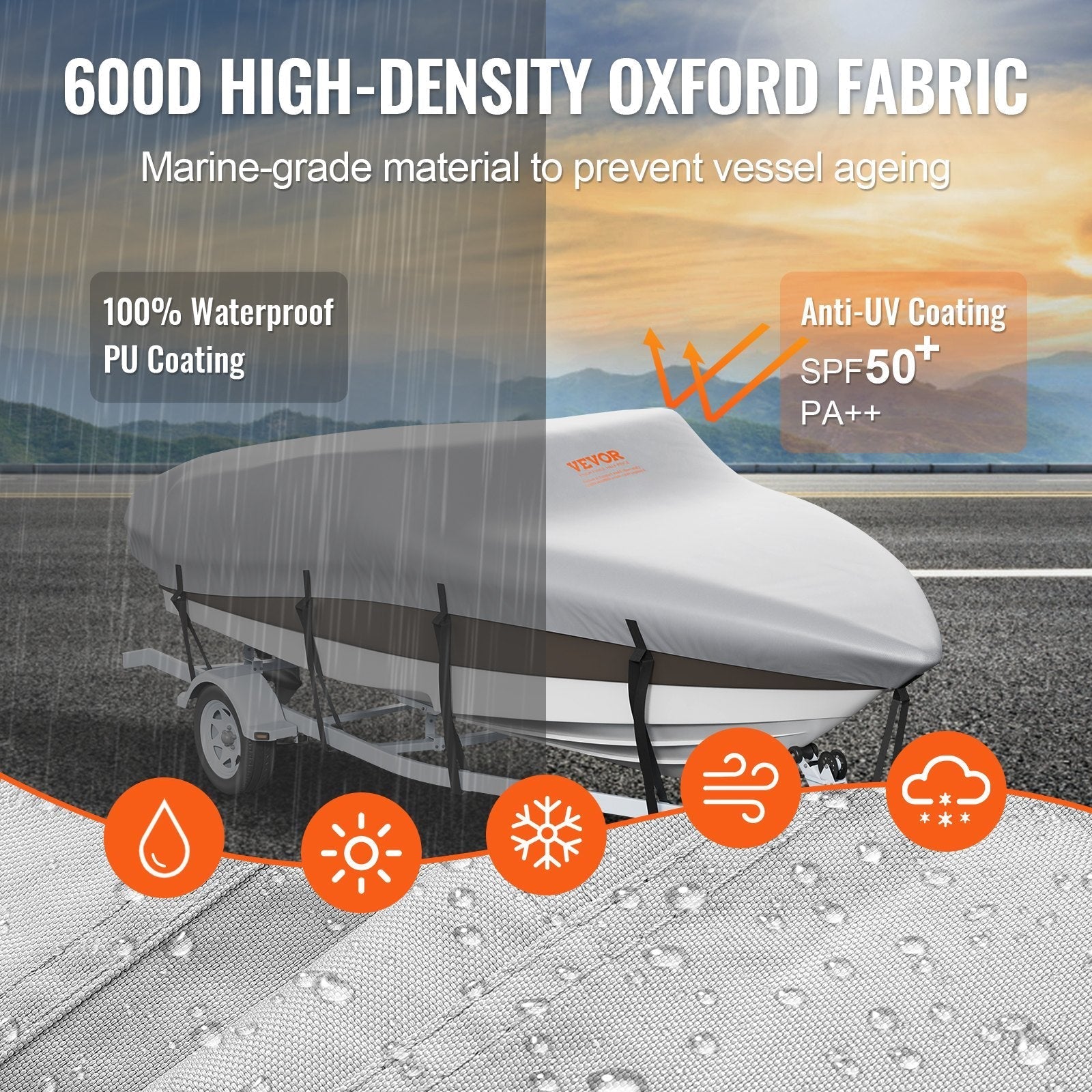 VEVOR Boat Cover, 20'-22' Trailerable Waterproof Boat Cover, 600D Marine Grade PU Oxford, with Motor Cover and Buckle Straps, for V-Hull, Tri-Hull, Fish Ski Boat, Runabout, Bass Boat, Grey