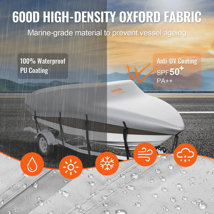VEVOR Boat Cover, 20'-22' Trailerable Waterproof Boat Cover, 600D Marine Grade PU Oxford, with Motor Cover and Buckle Straps, for V-Hull, Tri-Hull, Fish Ski Boat, Runabout, Bass Boat, Grey