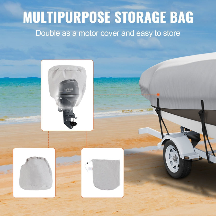 VEVOR Boat Cover, 20'-22' Trailerable Waterproof Boat Cover, 600D Marine Grade PU Oxford, with Motor Cover and Buckle Straps, for V-Hull, Tri-Hull, Fish Ski Boat, Runabout, Bass Boat, Grey