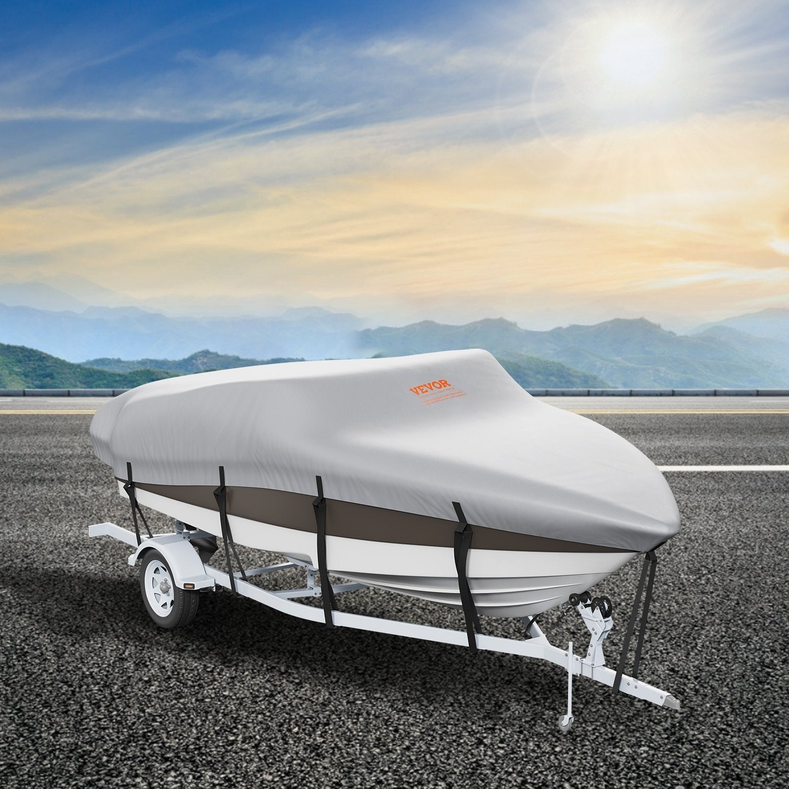 VEVOR Boat Cover, 20'-22' Trailerable Waterproof Boat Cover, 600D Marine Grade PU Oxford, with Motor Cover and Buckle Straps, for V-Hull, Tri-Hull, Fish Ski Boat, Runabout, Bass Boat, Grey