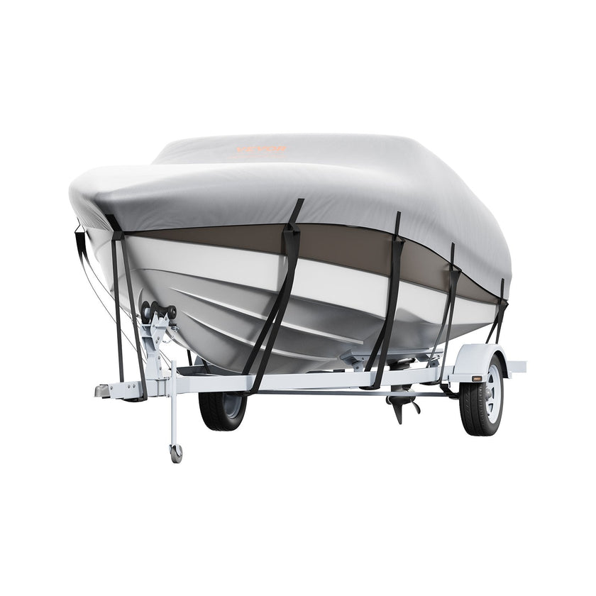 VEVOR Boat Cover, 20'-22' Trailerable Waterproof Boat Cover, 600D Marine Grade PU Oxford, with Motor Cover and Buckle Straps, for V-Hull, Tri-Hull, Fish Ski Boat, Runabout, Bass Boat, Grey