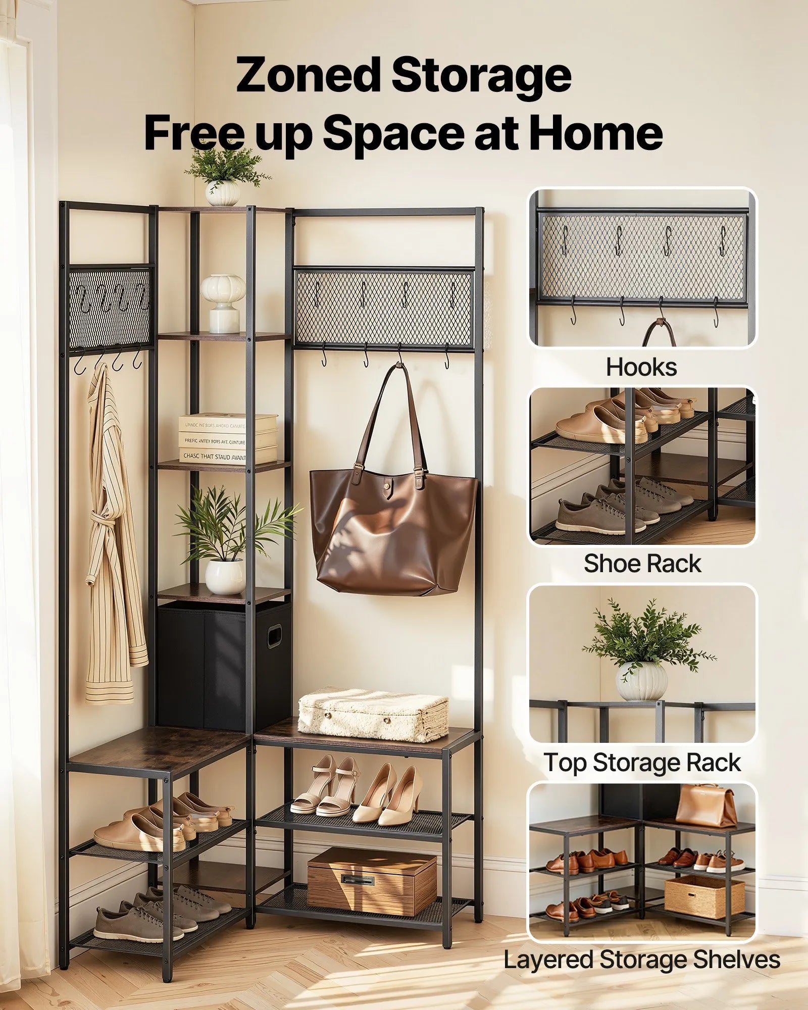 Corner Hall Tree with Shoe Bench, 70.9