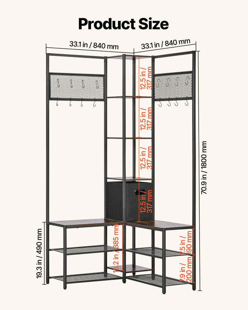 Corner Hall Tree with Shoe Bench, 70.9