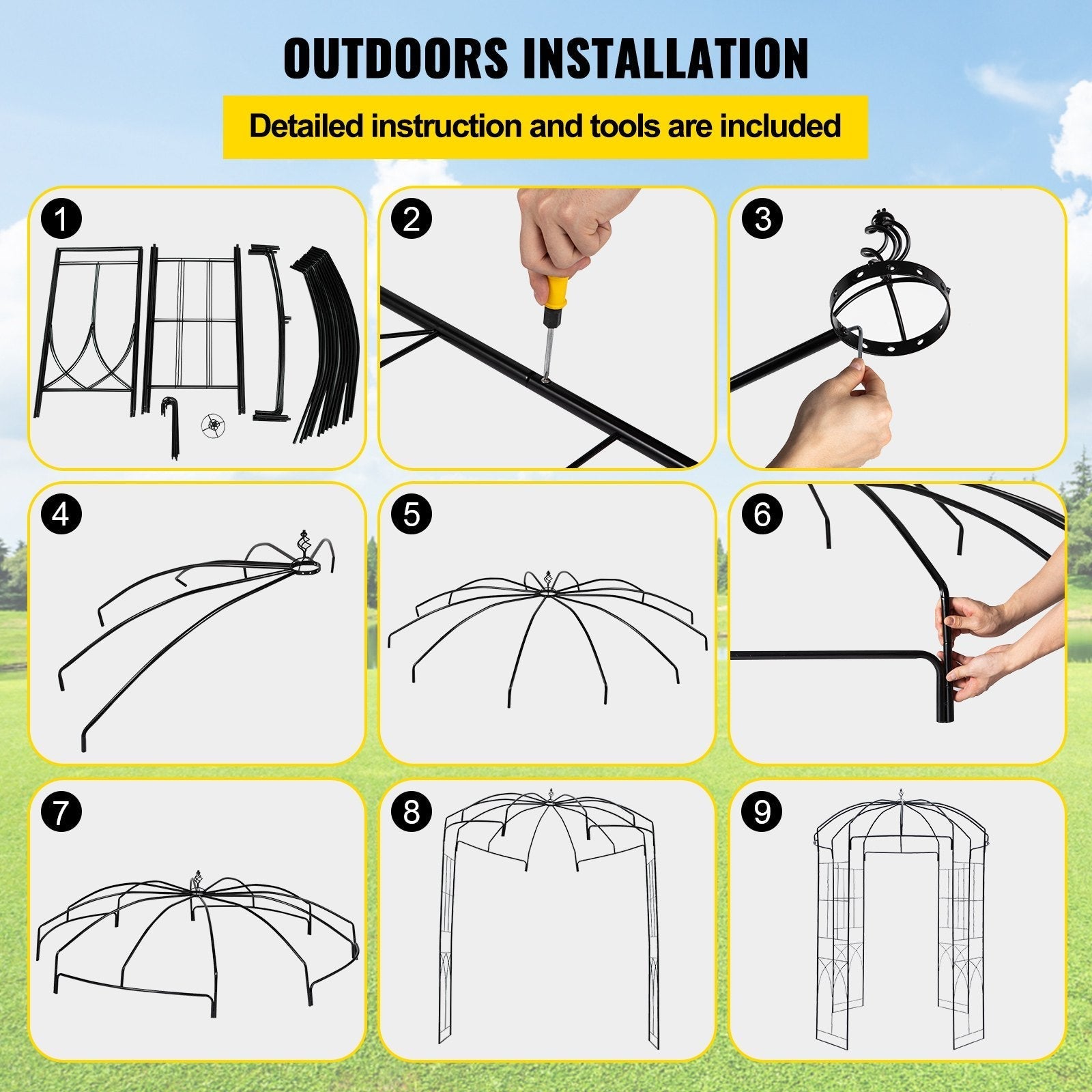 VEVOR Birdcage Shape Gazebo,8' High x 5.2' Wide, Heavy Duty Wrought Iron Arbor, Wedding  Arch Trellis for Climbing Vines in Outdoor Garden, Lawn, Backyard, Patio, Black