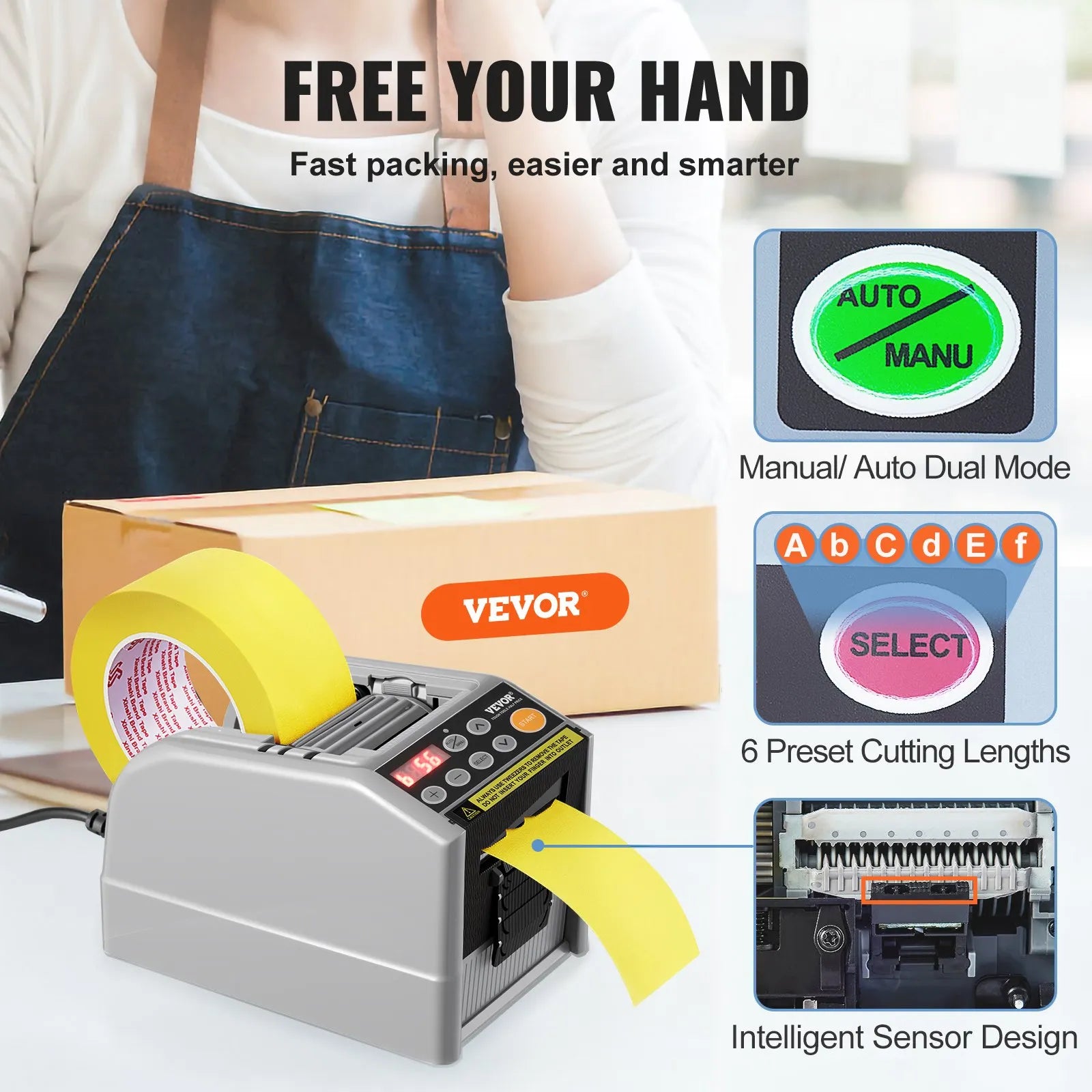 VEVOR Automatic Tape Dispenser Adhesive Electric Tape Cutter Packaging Machine Tape Cutting Machine 6-60mm Tape Width