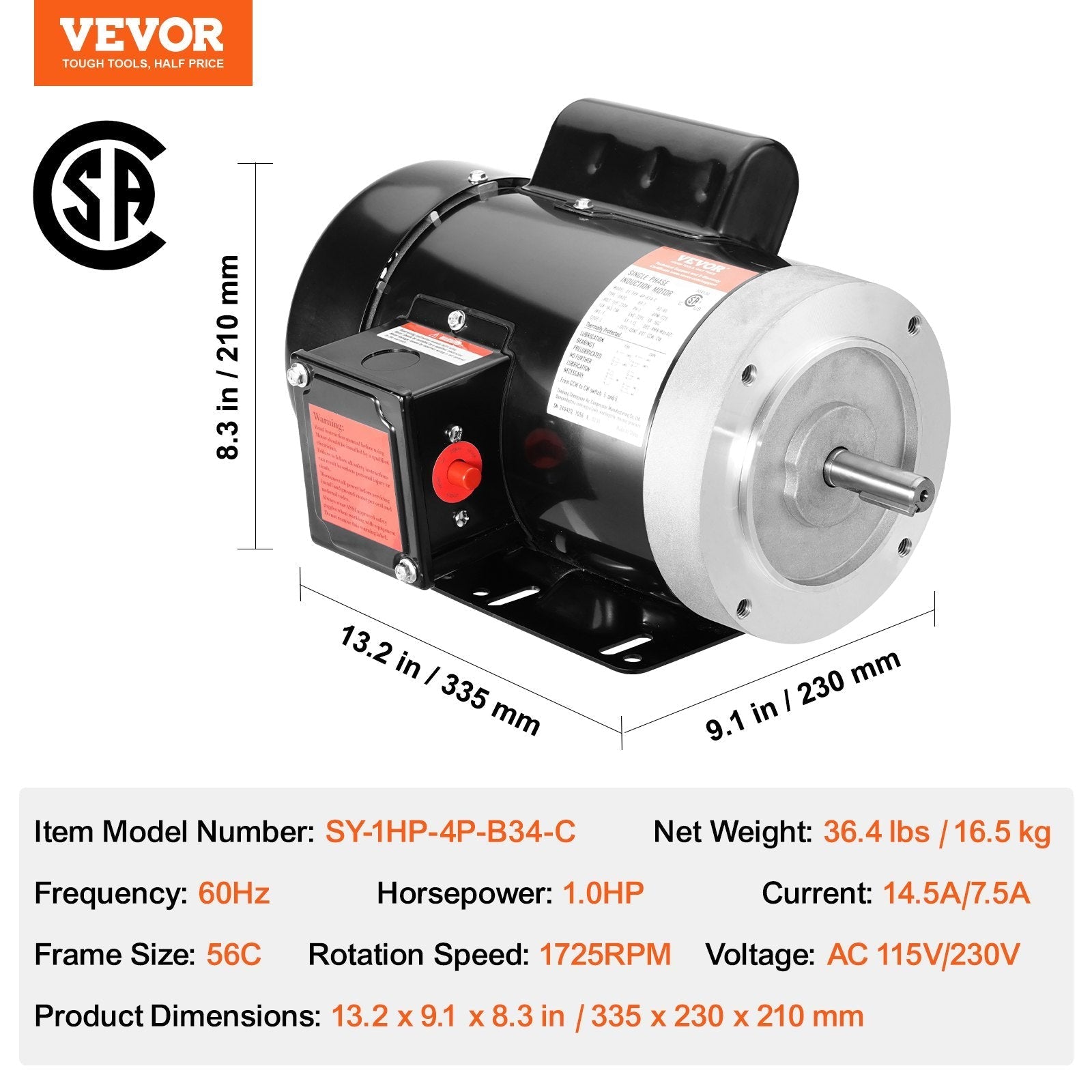 VEVOR 1HP Electric Motor 1725RPM AC115V/230V 56C Frame 1-Phase 5/8