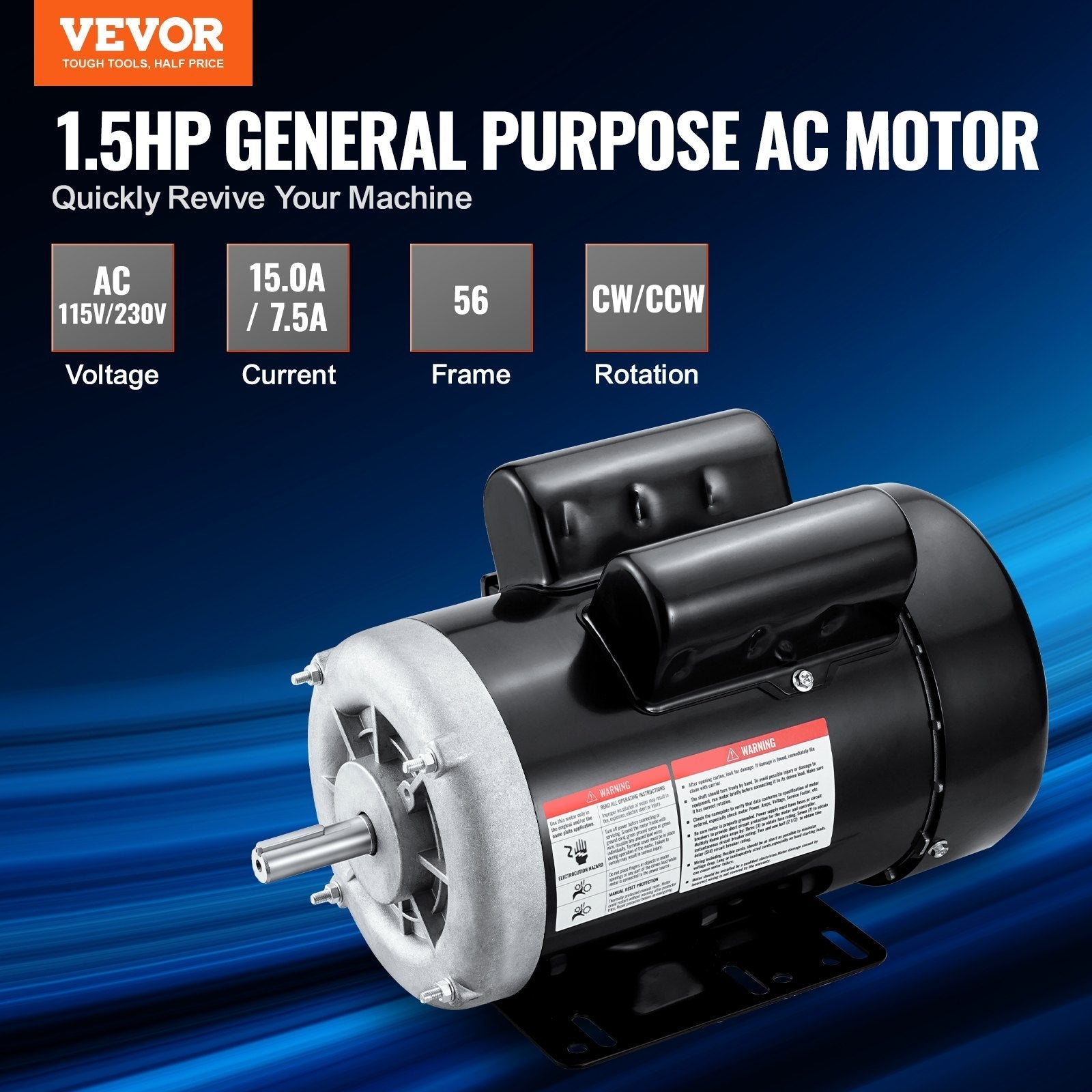 VEVOR 1.5HP Electric Motor 3450RPM AC115V/230V 56 Frame 1-Phase 5/8