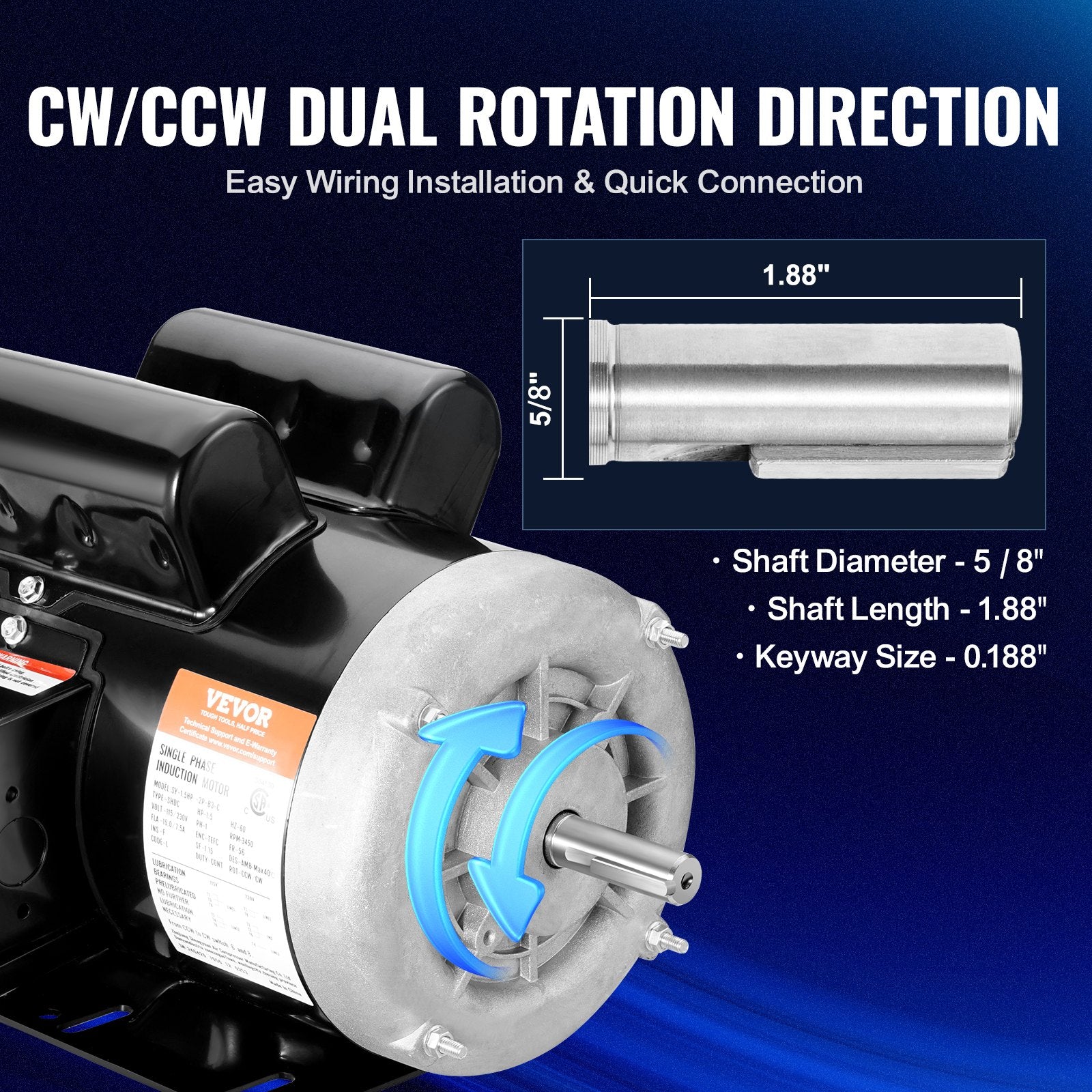 VEVOR 1.5HP Electric Motor 3450RPM AC115V/230V 56 Frame 1-Phase 5/8