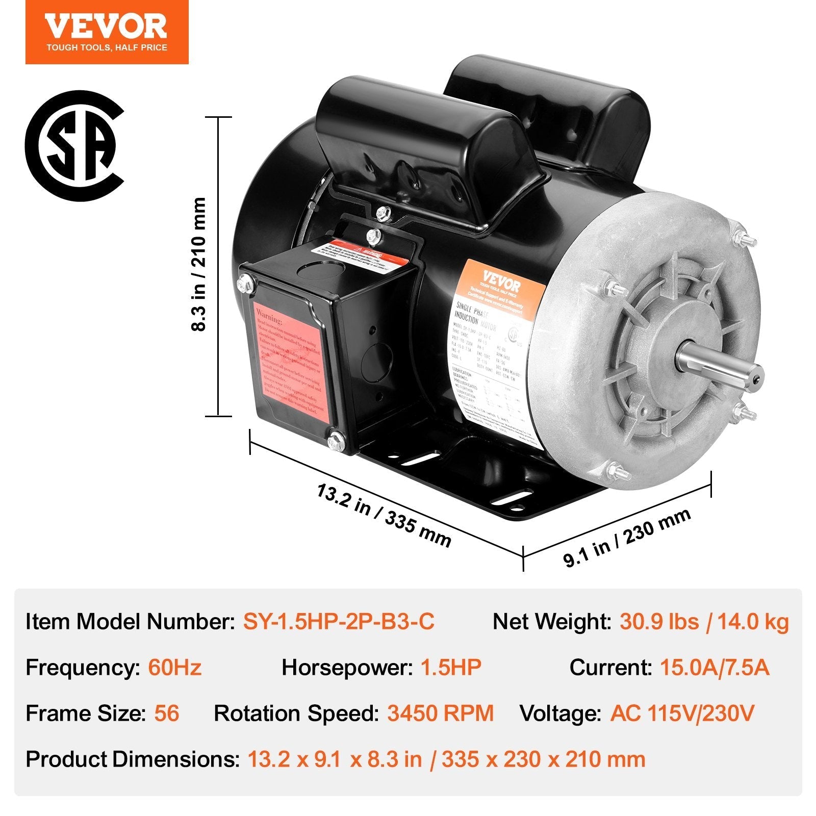 VEVOR 1.5HP Electric Motor 3450RPM AC115V/230V 56 Frame 1-Phase 5/8