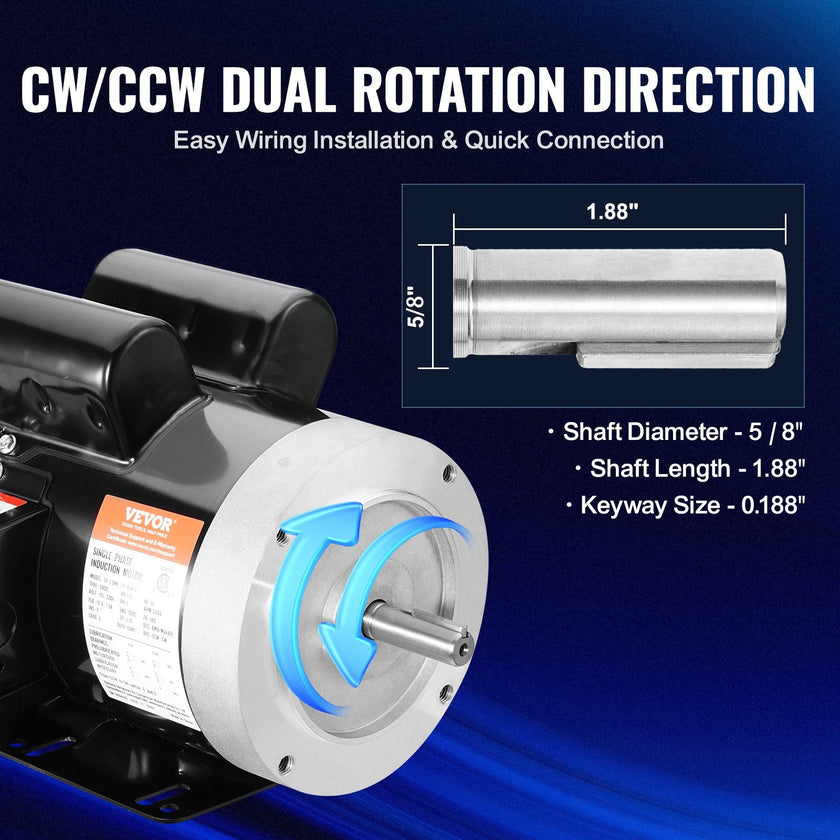 VEVOR 1.5HP Electric Motor 3450RPM AC11V/230V 56C Frame 1-Phase 5/8
