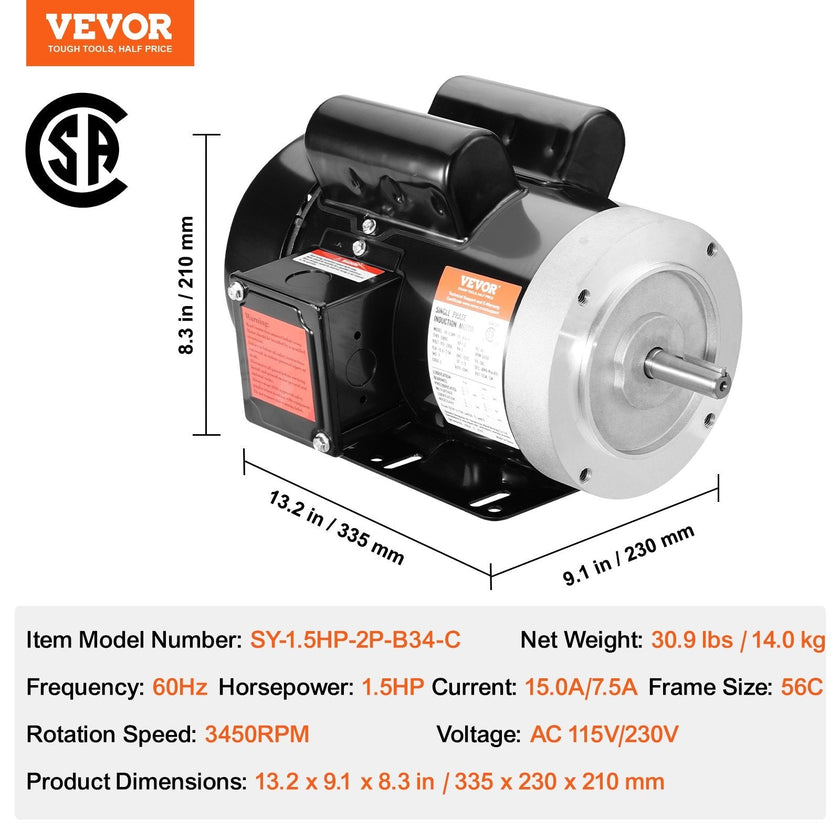 VEVOR 1.5HP Electric Motor 3450RPM AC11V/230V 56C Frame 1-Phase 5/8