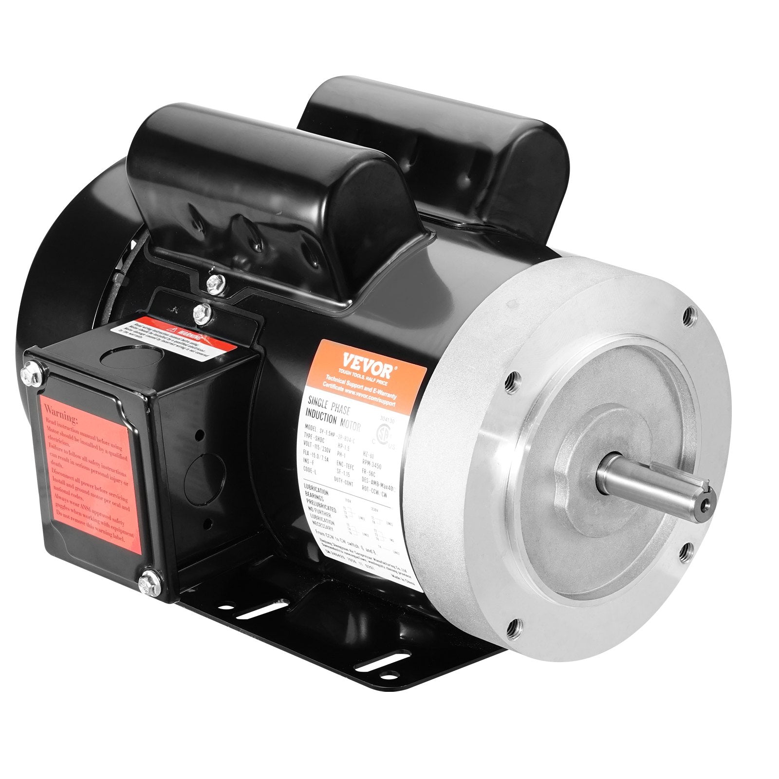 VEVOR 1.5HP Electric Motor 3450RPM AC11V/230V 56C Frame 1-Phase 5/8