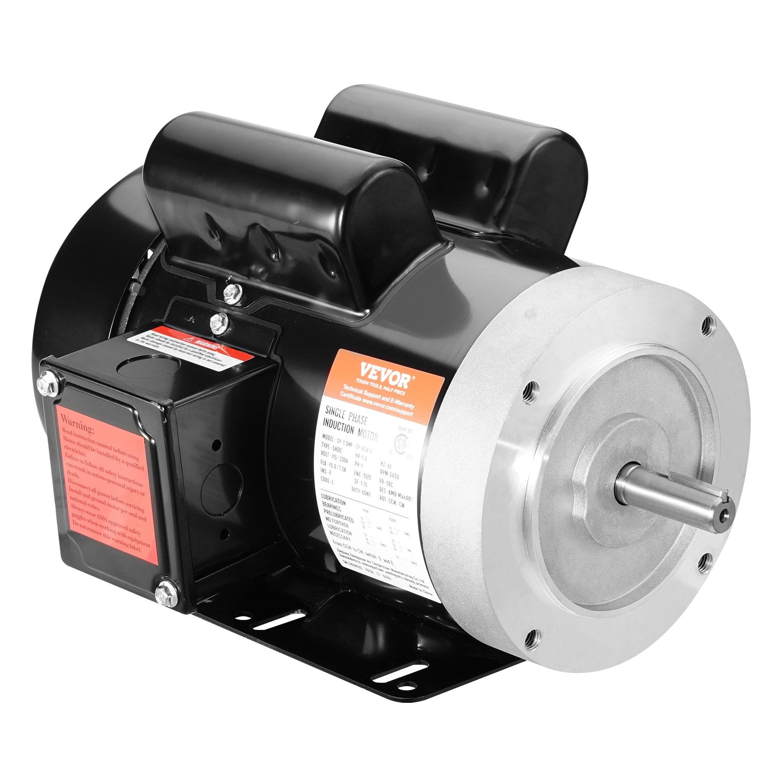 VEVOR 1.5HP Electric Motor 3450RPM AC11V/230V 56C Frame 1-Phase 5/8