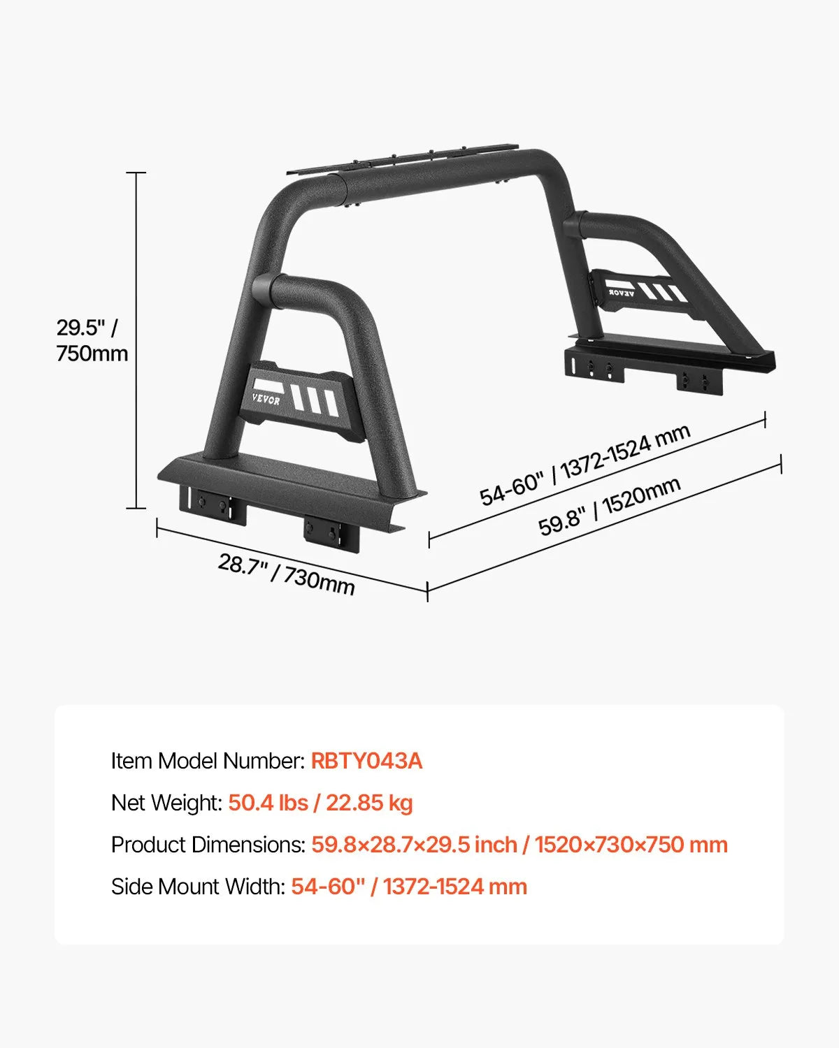 VEVOR Truck Bed Roll Bar Universal Chase Rack for Mid-Size Pickup Carbon Steel