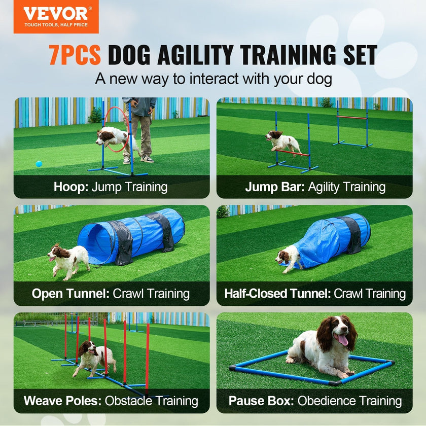 VEVOR Dog Agility Training Equipment 7 PCS Set w/ Hurdles 2 Tunnels Jump Ring